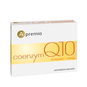 Apremia Coenzym Q10 Kapseln – Vorderseite der weiß-orangen Verpackung mit Apremia-Logo, Aufschrift „coenzym Q10“, „30 Kapseln • 100 mg“ und „Apotheken exklusiv“