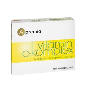 Apremia Vitamin C-Komplex Kapseln – weiß-gelbe Verpackung „Vitamin C-Komplex 30 Kapseln 500 mg, Apotheken Exklusiv"