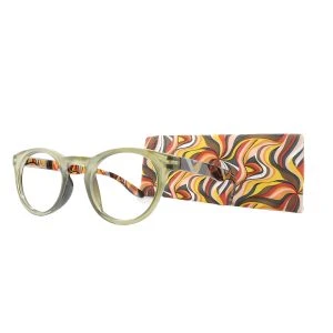 Augenstolz Fertiglesebrille Blixt Gold – runde Lesebrille mit transparent-goldenem Rahmen, daneben aufgestelltes Etui mit orange-braun-gelbem Wellenmuster