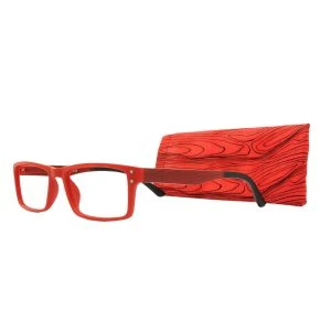 Augenstolz Fertiglesebrille Brio Rouge – Lesebrille mit rotem Rahmen, daneben aufgestelltes rot gemustertes Etui