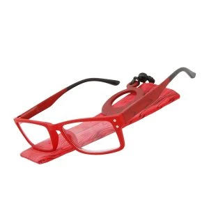 Augenstolz Fertiglesebrille Brio Rouge – Lesebrille mit rotem Rahmen und schwarzen Bügeln, schräg auf rot gemustertem Etui liegend