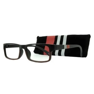 Augenstolz Fertiglesebrille Business Black – Lesebrille mit schwarzem Rahmen, daneben aufgestelltes schwarzes Etui mit rot-weißen Streifen
