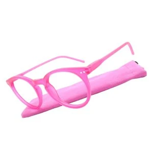Augenstolz Fertiglesebrille Farbig Rot – runde Lesebrille mit transparentem rotem Rahmen, daneben aufgestelltes rotes Etui