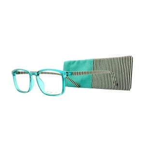 Augenstolz Fertiglesebrille Vertica Green – Lesebrille mit transparent türkisem Rahmen und schwarz-weiß gestreiften Bügeln, daneben aufgestelltes türkis-gestreiftes Etui