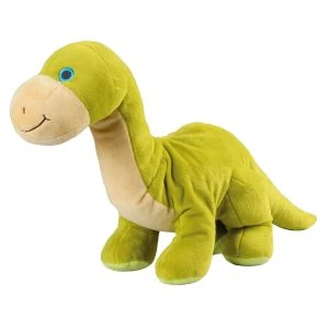 Warmies Brachiosaurus – grünes flauschiges Plüsch-Wärmekissen in Form eines langhalsigen Dinosauriers mit blauen Augen, Schrägansicht von vorne