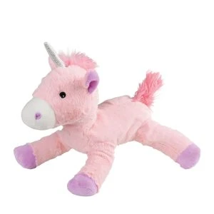 Warmies Einhorn – rosa flauschiges Plüsch-Wärmekissen in Form eines liegenden Einhorns mit silbernem Horn und violetten Hufen, Schrägansicht