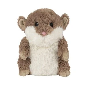 Warmies Hamster – braunes flauschiges Plüsch-Wärmekissen in Form eines sitzenden Hamsters mit cremefarbenem Bauch, frontale Ansicht von vorne