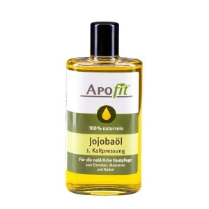 APOfit Jojobaöl 100% rein – Flasche mit gelbem Öl und schwarzem Verschluss, Etikett „APOfit – 100% naturrein, Jojobaöl, 1. Kaltpressung, für die natürliche Hautpflege"