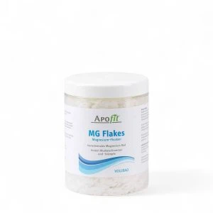 APOfit MG Pur Magnesium Flocken 350g – durchsichtige Dose mit weißen Magnesium-Flocken und Etikett „APOfit MG Flakes Magnesium-Flocken – Vollbad"