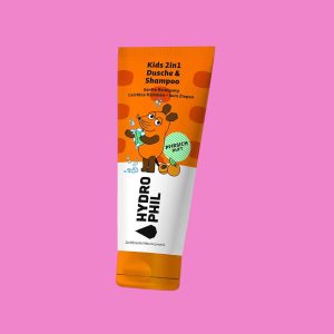 Hydrophil Kids Dusche & Shampoo Maus Pfirsichduft – orange Tube „Kids 2in1 Dusche & Shampoo" mit Maus-Motiv, „Pfirsich Duft"-Siegel und HYDROPHIL-Logo vor rosa Hintergrund