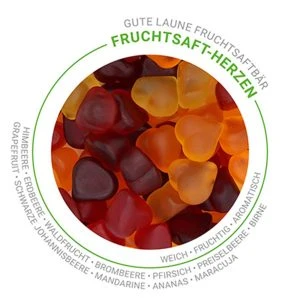 NATURFEH Fruchtsaft Herzen – rundes Motiv mit herzförmigen Fruchtgummis in der Mitte, umrahmt vom Schriftzug „Fruchtsaft-Herzen" und einer Aufzählung der Fruchtsorten