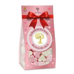NATURFEH Marshmallow Herzen für dich - rosa Geschenktüte mit roter Schleife, gelbe Zucker-Marshmallows im Sichtfenster