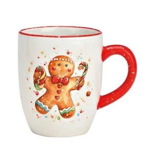 Wurm Becher Lebkuchen Keramik 300 ml – weißer Keramikbecher mit rotem Rand und Henkel und Lebkuchenmann-Motiv