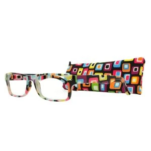 Augenstolz Fertiglesebrille Boxes NeoBlack – eckige Lesebrille mit buntem Quadratemuster, daneben aufgestelltes Etui mit buntem Quadratemuster auf schwarzem Grund