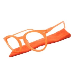 Augenstolz Fertiglesebrille Farbig Pink – runde Lesebrille mit transparentem pinkem Rahmen, daneben aufgestelltes pinkes Etui