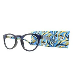 Augenstolz Fertiglesebrille Blixt Blue – runde Lesebrille mit dunkelblauem Rahmen, daneben aufgestelltes Etui mit blau-gelb-schwarzem Wellenmuster