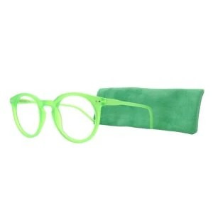 Augenstolz Fertiglesebrille Farbig Grün – runde Lesebrille mit grünem Rahmen, schräg auf grünem Etui liegend