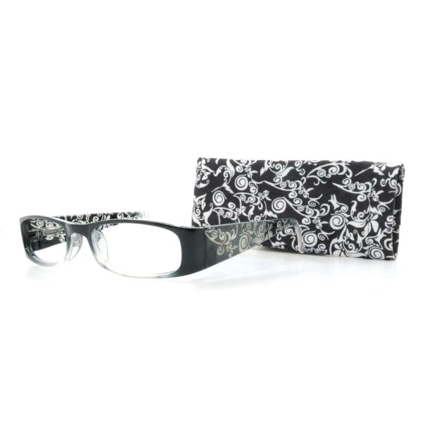 Augenstolz Fertiglesebrille Filigrano Haa – Lesebrille mit schwarz-weißem Ornamentmuster, schräg auf passendem gemustertem Etui liegend