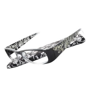 Augenstolz Fertiglesebrille Filigrano Soo – Lesebrille mit Rahmen im schwarz-orangen Ornamentmuster, daneben aufgestelltes Etui im passenden Muster