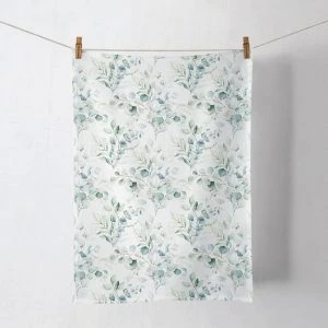 Ambiente Küchenhandtuch Eukalyptus 50x70cm – an einer Leine hängendes Küchenhandtuch mit flächigem Eukalyptus-Blätter-Muster in zartem Grün