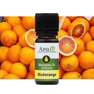 APOfit Ätherisches Öl Blutorange – dunkle Glasflasche „Ätherisches Öl 100% rein Blutorange" vor ganzen und halbierten Blutorangen