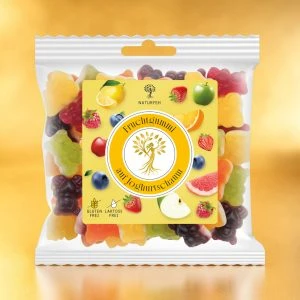NATURFEH Fruchtgummi auf Joghurtschaum mit gelbem Hintergrund
