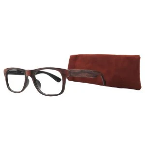 Augenstolz Fertiglesebrille Brush Autu – Lesebrille mit braunem Rahmen in Holzoptik, daneben aufgestelltes braunes Etui