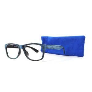 Augenstolz Fertiglesebrille Brush Deep – Lesebrille mit blauem Rahmen in Holzoptik, daneben aufgestelltes blaues Etui