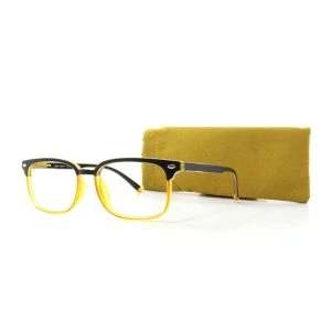 Augenstolz Fertiglesebrille Clazic Harmi – Lesebrille mit schwarzem Browline-Rahmen und transparent-gelber Unterfassung, daneben aufgestelltes gelbes Etui
