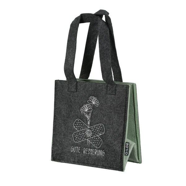 Filztasche „Gute Besserung“ aus grauem Filz mit Blumenmotiv, nachhaltige Geschenkverpackung, stabile Tragegriffe, GILDE.