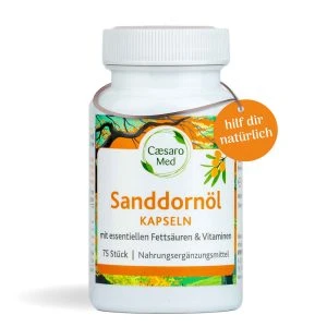 Caesaro Med Sanddornöl Kapseln (500 mg) – weiße Dose „Sanddornöl Kapseln mit essentiellen Fettsäuren & Vitaminen, 75 Stück" mit orangem Anhänger „hilf dir natürlich"