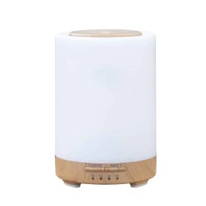 Ultraschall Diffuser Hermes – zylindrischer weißer Aroma-Diffuser mit Holzoptik-Sockel und -Deckel sowie Bedientasten „Light" und „Mist"