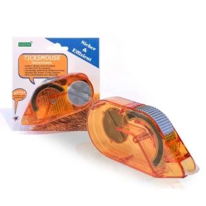 ZeckenMaus Zeckenzange – oranger Zeckenentferner neben der DIZEFA „Ticksmouse Zeckenmaus" Blisterverpackung mit dem Hinweis „Sicher & Effizient"