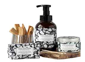 Michel Design Works Men's Collection mit Seifenspender, Duftkerze und Accessoires im schwarz-weißen geometrischen Muster