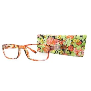 Augenstolz Fertiglesebrille Blumig Fro – eckige Lesebrille mit Rahmen im orange-braunen Blumenmuster, daneben aufgestelltes Etui mit buntem Blumenmuster auf schwarzem Grund