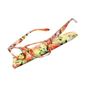 Augenstolz Fertiglesebrille Blumig Fro – eckige Lesebrille mit Rahmen im orange-braunen Blumenmuster, schräg auf dem Etui mit buntem Blumenmuster liegend