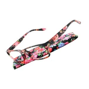 Augenstolz Fertiglesebrille Blumig Rom – eckige Lesebrille mit Rahmen im bunten Blumenmuster, schräg auf dem Etui mit pink-rotem Blumenmuster liegend