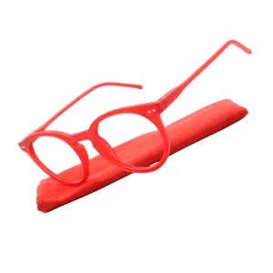 Augenstolz Fertiglesebrille Farbig Türkis – runde Lesebrille mit transparentem türkisem Rahmen, daneben aufgestelltes türkises Etui
