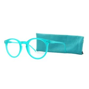 Augenstolz Fertiglesebrille Farbig Türkis – runde Lesebrille mit transparentem türkisem Rahmen, daneben aufgestelltes türkises Etui
