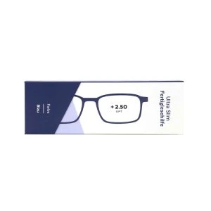 APOfit Lesebrille Ultra Slim blau – Kartonetui „Ultra Slim Fertiglesehilfe" mit blauer Brille und Angabe Farbe Blau, +2.50 DPT