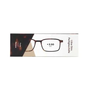APOfit Lesebrille Ultra Slim havanna – Kartonverpackung „Ultra Slim Fertiglesehilfe" mit havannafarbener Lesebrille und Aufdruck „Farbe Havana, +2.50 DPT"