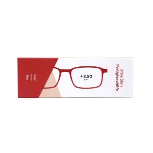 APOfit Lesebrille Ultra Slim rot – rote Kartonverpackung „Ultra Slim Fertiglesehilfe" mit roter Lesebrille und Aufdruck „Farbe Rot, +2.50 DPT"