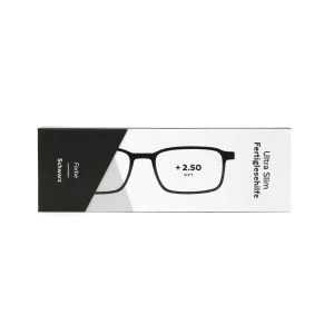 APOfit Lesebrille Ultra Slim schwarz – schwarze Kartonverpackung „Ultra Slim Fertiglesehilfe" mit schwarzer Lesebrille und Aufdruck „Farbe Schwarz, +2.50 DPT"