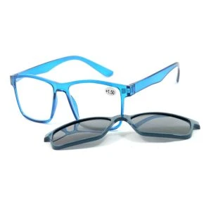 APOfit Sonnen Lesebrille mit Clip blau – transparent-blaue Lesebrille mit Dioptrien-Angabe +1,50 und aufsetzbarem dunklem Sonnen-Clip