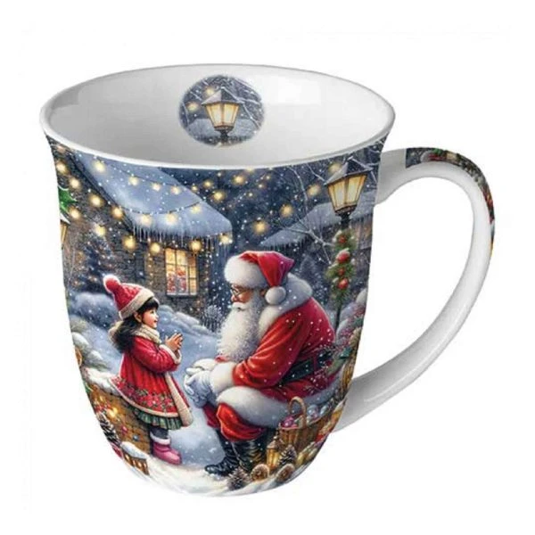 Ambiente Jumbo Tasse Talking To Santa – große Tasse mit winterlichem Motiv eines Kindes im Gespräch mit dem Weihnachtsmann in verschneiter Nacht