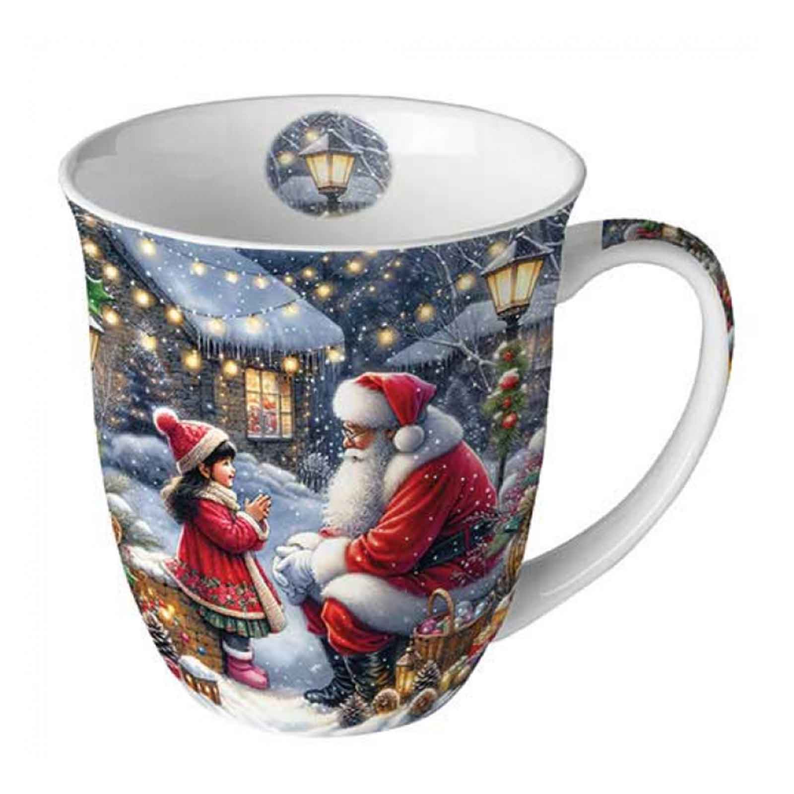 Ambiente Jumbo Tasse Talking To Santa – große Tasse mit winterlichem Motiv eines Kindes im Gespräch mit dem Weihnachtsmann in verschneiter Nacht