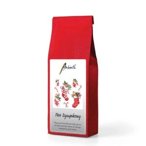 Ambiente Rocking Horse Früchte Teemischung – rote Teeverpackung mit weihnachtlicher Strümpfe-Illustration und Aufschrift „Tea Symphony"