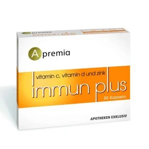 Apremia Immun Plus Kapseln – weiß-orange Verpackung mit Aufschrift „Apremia immun plus, vitamin c, vitamin d und zink, 30 Kapseln, Apotheken exklusiv"