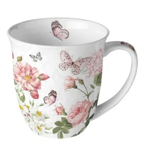 Ambiente Jumbo Tasse Amelia White 400 ml – große weiße Tasse mit rosa Rosen, Blüten und Schmetterlingen