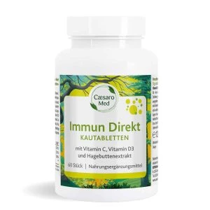 Caesaro Med Immun Direkt Vitamin C & Vitamin D Kautabletten – weiße Dose mit grünem Wald-Etikett „Immun Direkt Kautabletten mit Vitamin C, Vitamin D3 und Hagebuttenextrakt", 60 Stück
